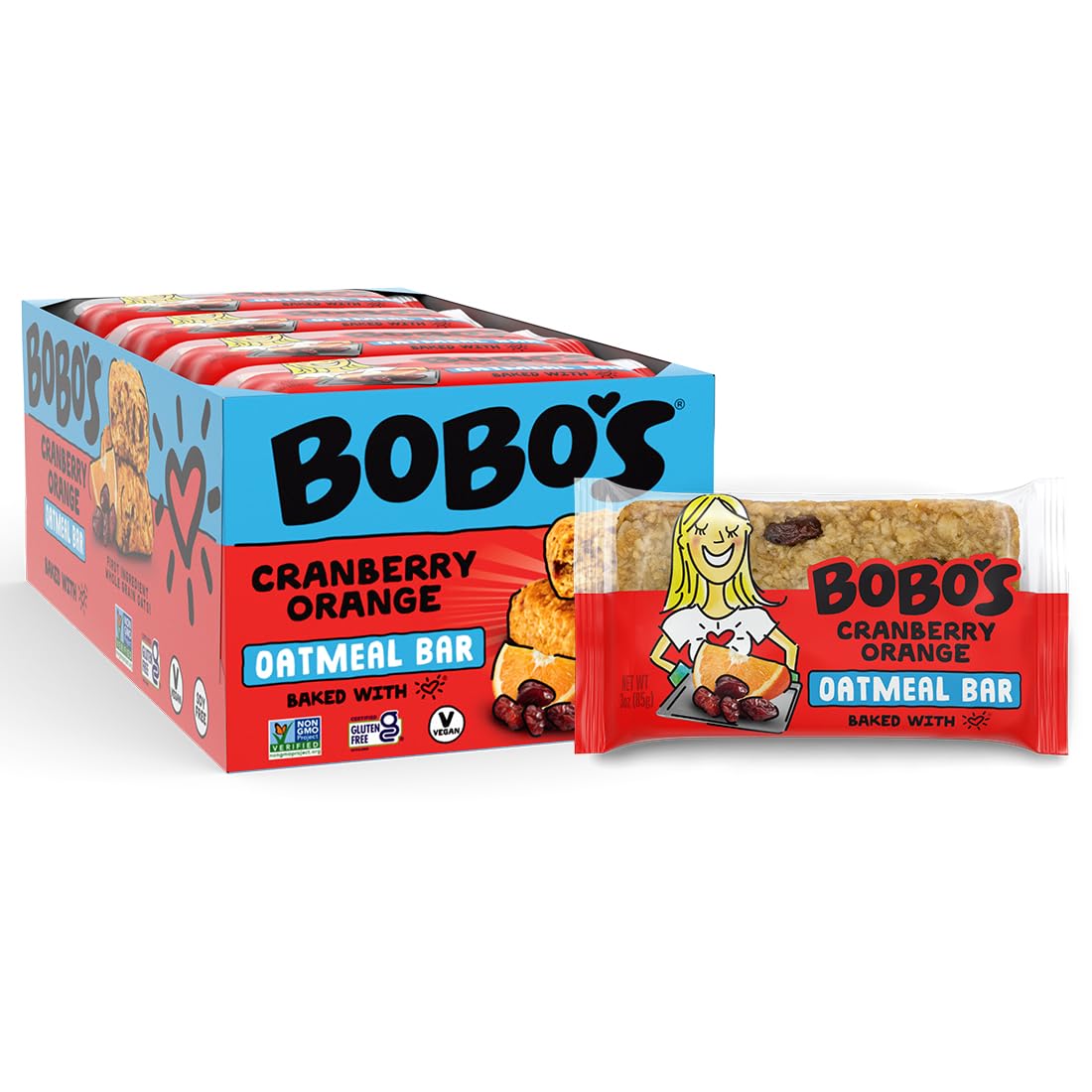 Bobo's Cranberry Orange Oat Bars – Gluten-Free, Plant-Based Whole Grain Snack (12 Bars)