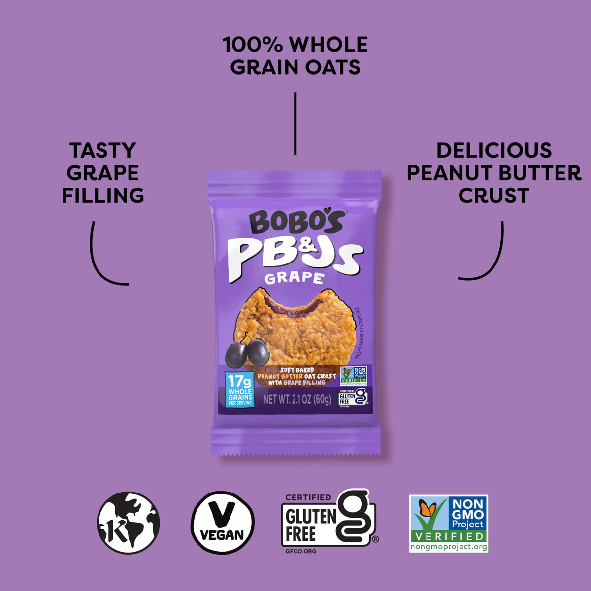 Bobo's Grape PB&J Oat Snacks – Gluten-Free, Plant-Based Bars (24 Snacks)