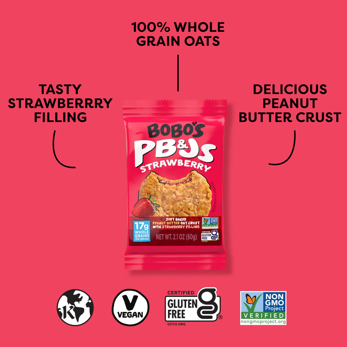 Bobo's Strawberry PB&J Oat Snacks – Gluten-Free, Plant-Based, Non-GMO, Whole Grain Oats, 24 Bars