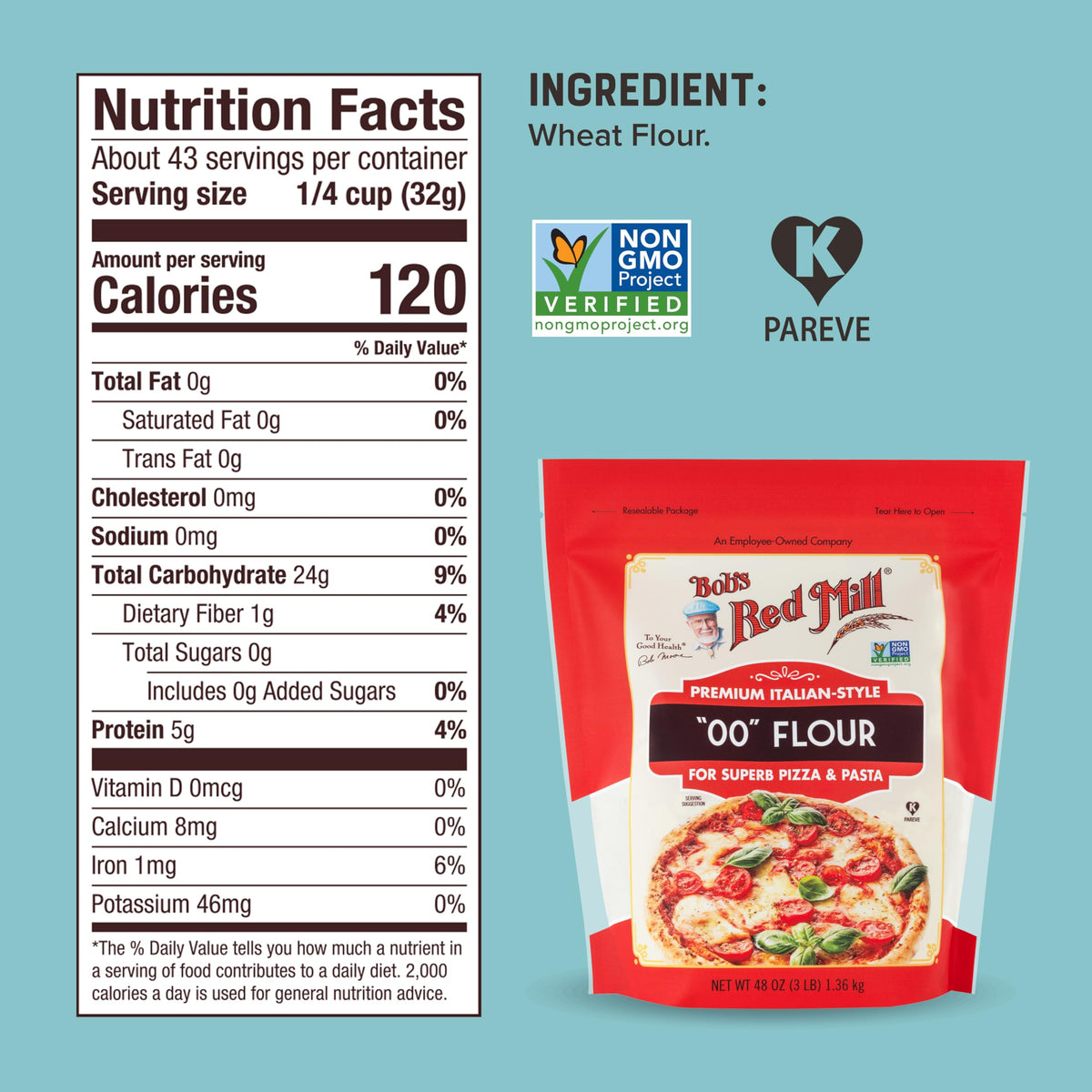 Bob's Red Mill 00 Flour – Premium Italian-Style Flour for Pizza & Pasta, 48oz (Pack of 4) – Non-GMO, Vegan, Kosher