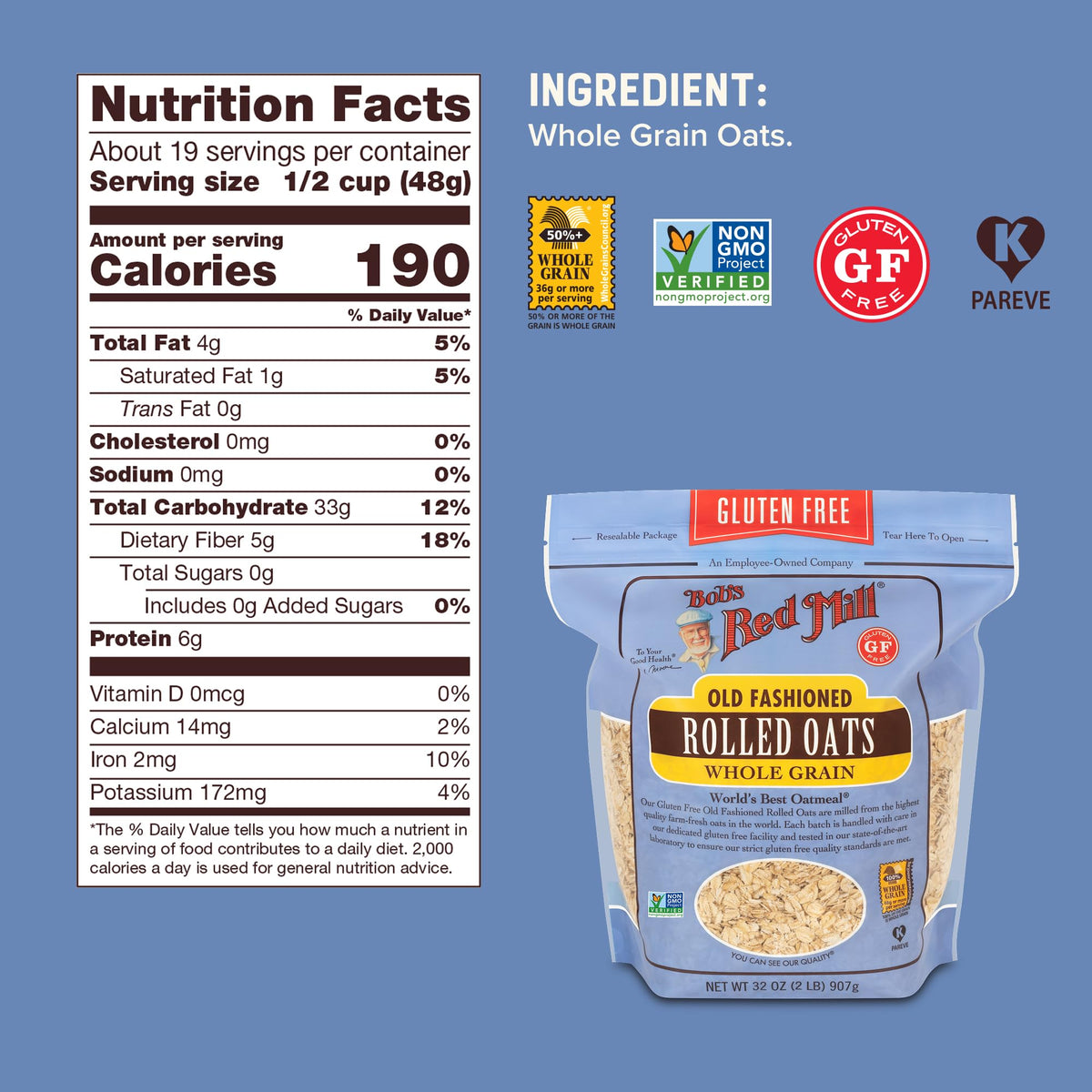 Bob's Red Mill Gluten Free Old Fashioned Rolled Oats, 32oz Pack of 4 – Non-GMO, Whole Grain, Vegan, Kosher
