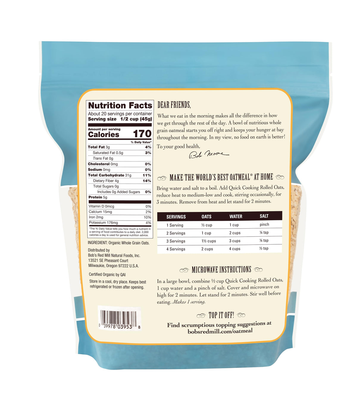 Bob's Red Mill Organic Quick Cooking Rolled Oats - 4 x 32oz Pack | Non-GMO Whole Grain