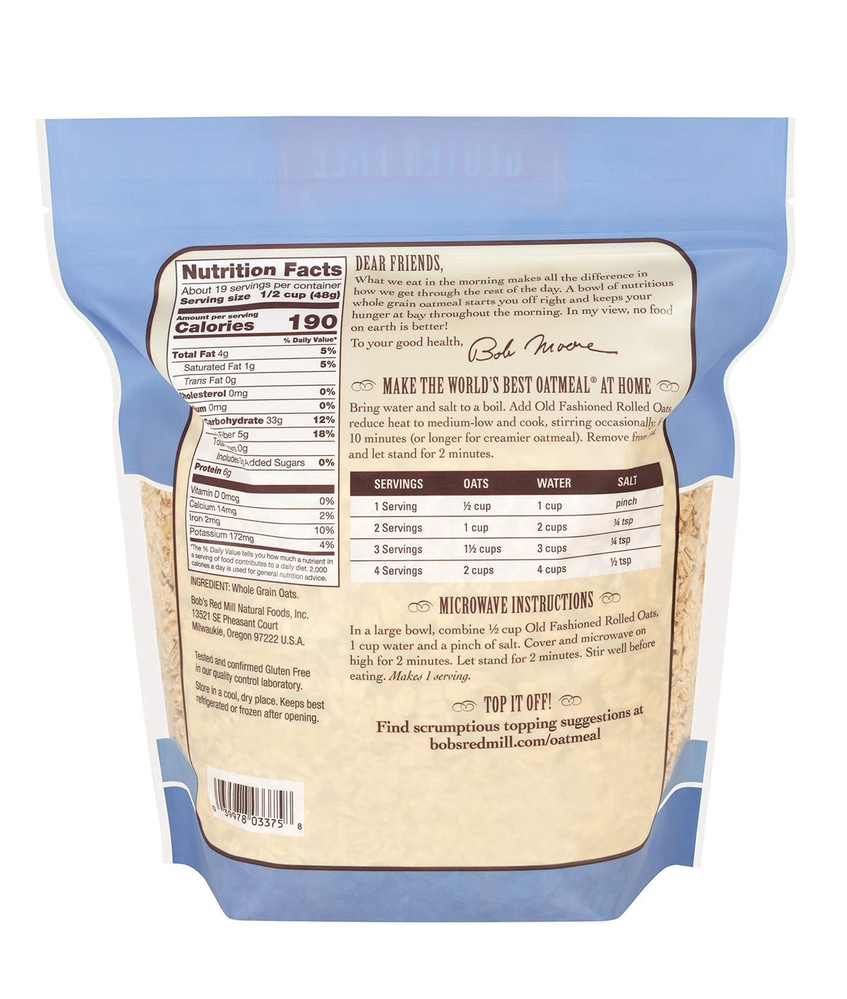 Bob's Red Mill Gluten Free Old Fashioned Rolled Oats, 32oz Pack of 4 – Non-GMO, Whole Grain, Vegan, Kosher