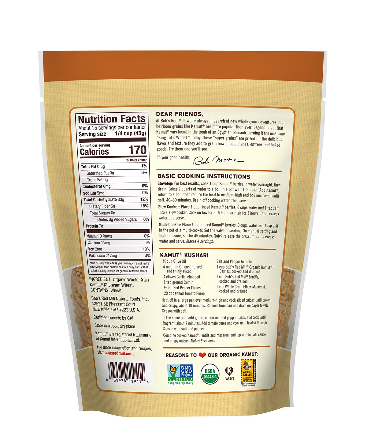 Bob's Red Mill Organic Kamut Berries, 24oz Pack of 4 – Whole Grain, Non-GMO, Vegan, Kosher