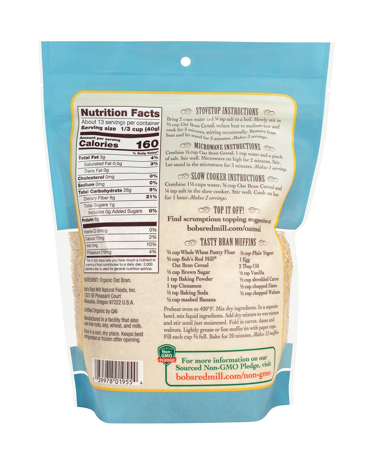 Bob's Red Mill Organic Oat Bran - 18oz (Pack of 4) | Non-GMO, Vegan, Kosher