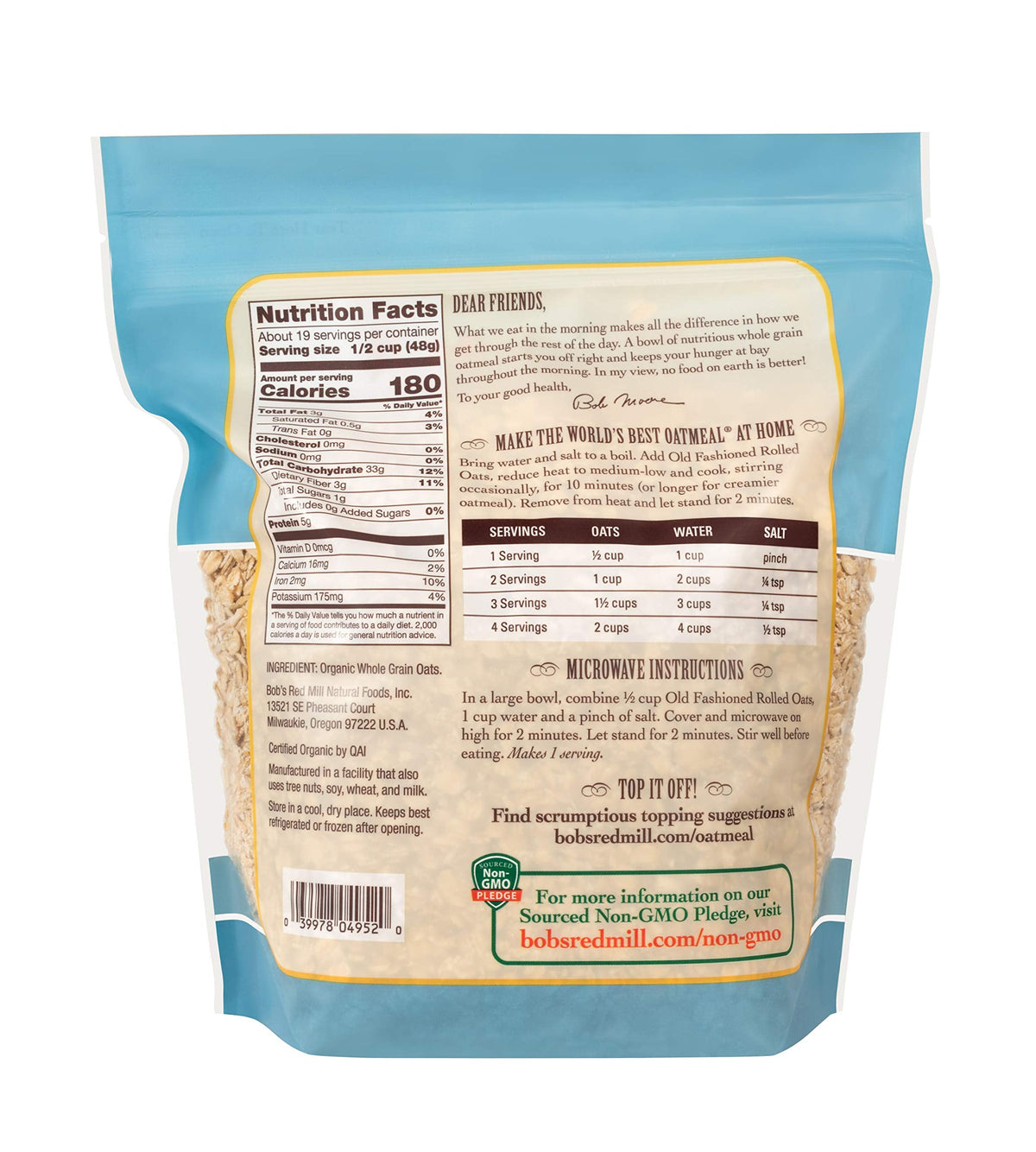 Bob's Red Mill Organic Old Fashioned Oats – 4x32oz, Non-GMO, Whole Grain