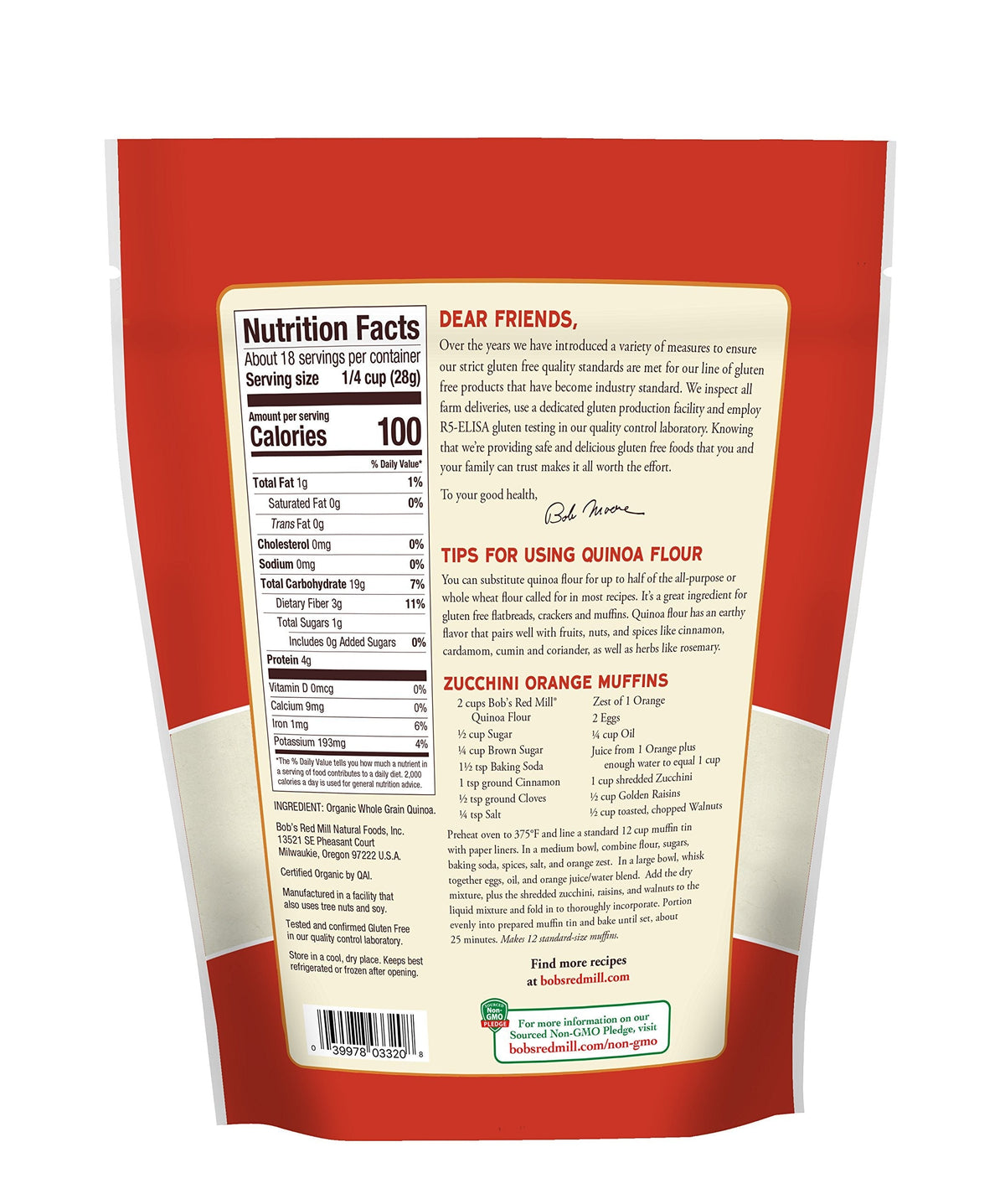 Bob's Red Mill Organic Quinoa Flour - 18oz (Pack of 4) | Non-GMO, Whole Grain, Vegan, Kosher