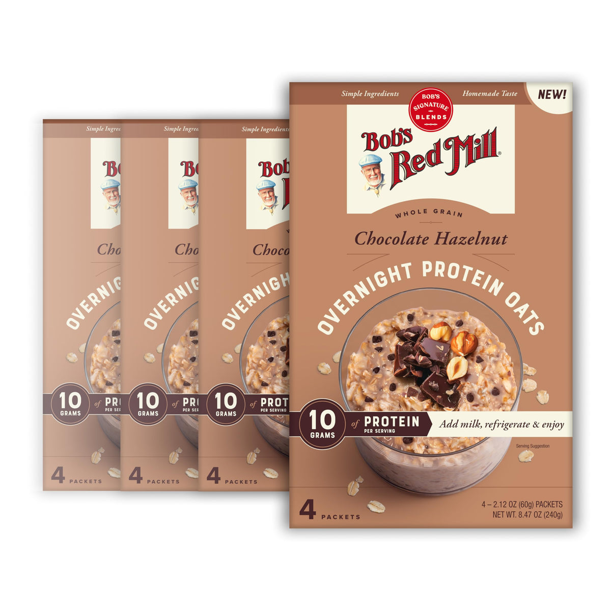 Bob's Red Mill Overnight Protein Oat Packets, Chocolate Hazelnut – 4 Boxes/4 Packets per Box, Non-GMO, Gluten Free, Whole Grain