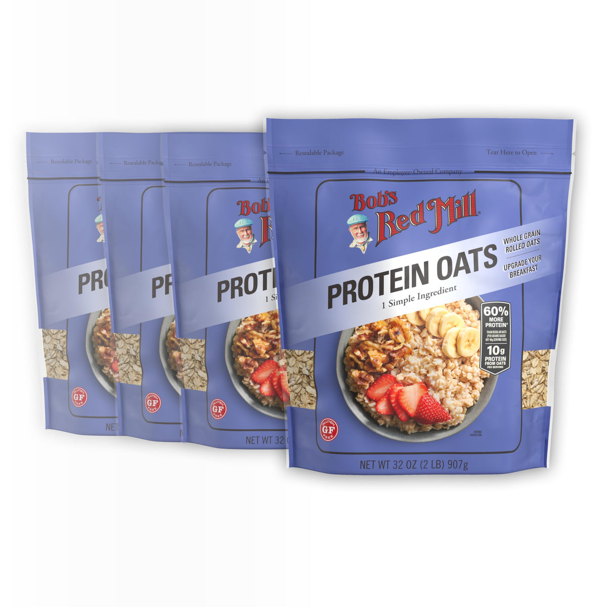 Bob's Red Mill Gluten Free Protein Oats – 10g Protein per Serving, 32oz Pack of 4 | Non-GMO, Whole Grain, Vegan, Kosher
