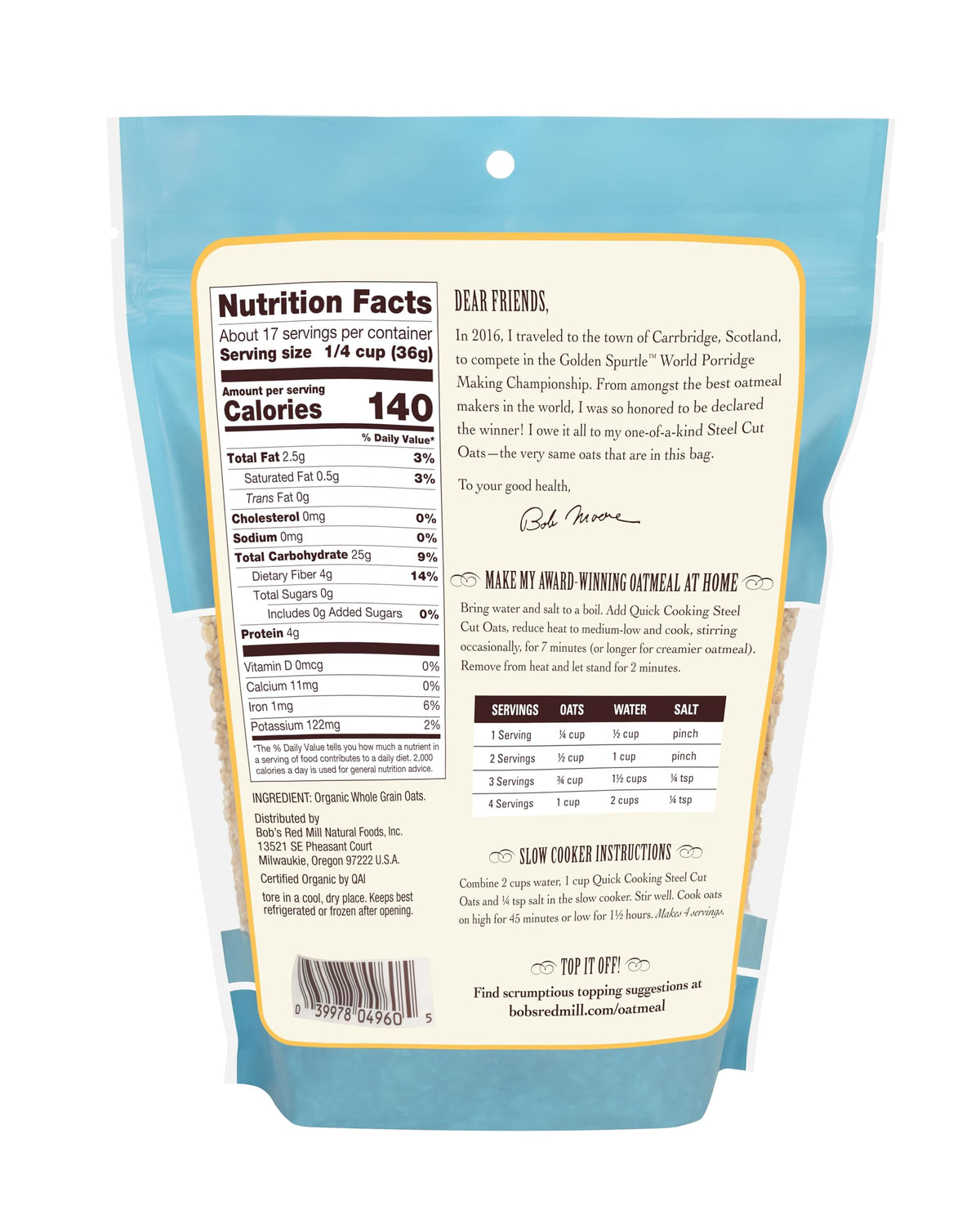 Bob's Red Mill Organic Quick Cooking Steel Cut Oats - 22oz Pack of 4 | Non-GMO, Whole Grain, Vegan, Kosher
