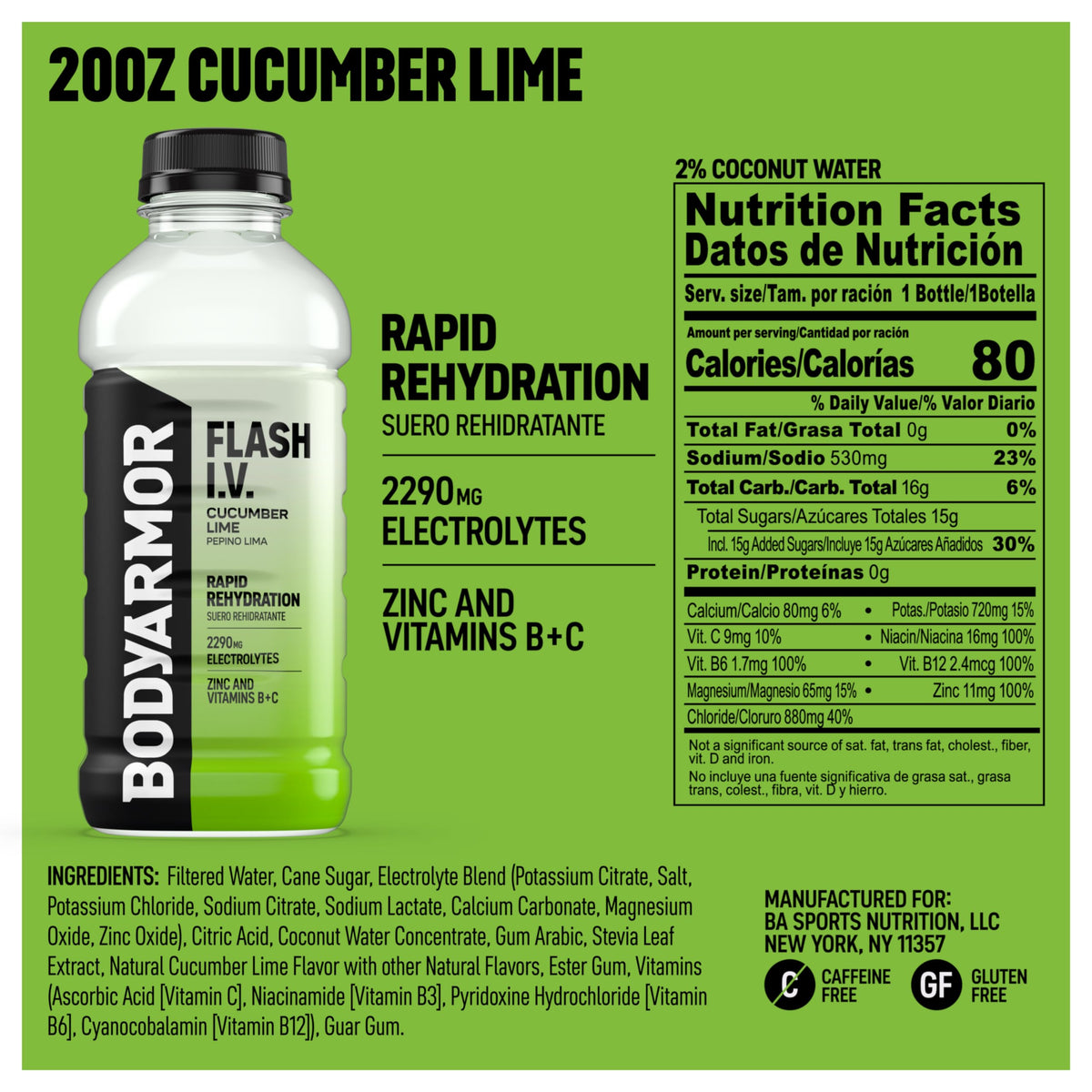 BODYARMOR Flash I.V. Cucumber Lime — Rapid Hydration Electrolyte Beverage (12 x 20 fl oz)