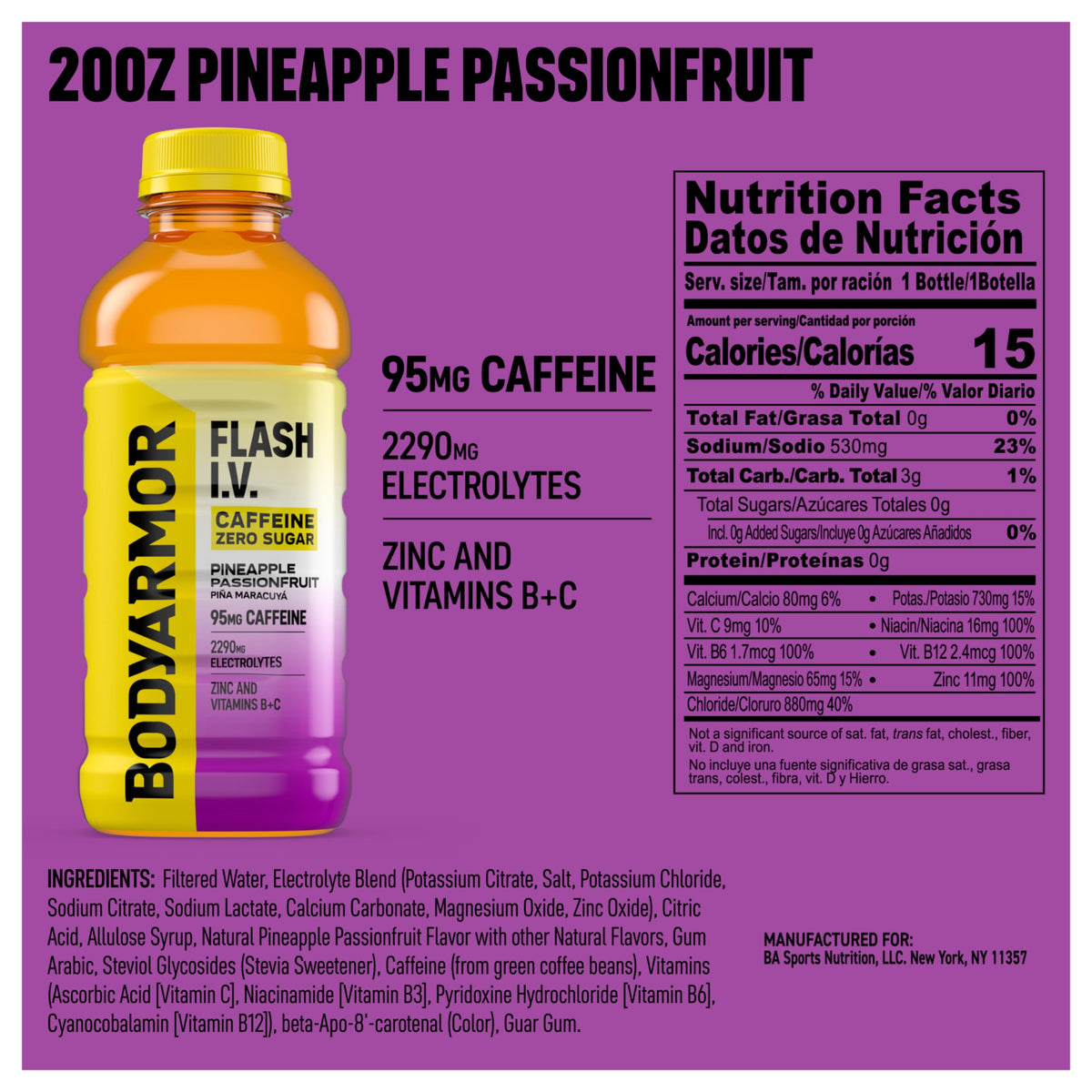 BODYARMOR Flash I.V. Zero Sugar + Caffeine — Pineapple Passionfruit Hydration Drink, 20 Fl Oz (Pack of 12)