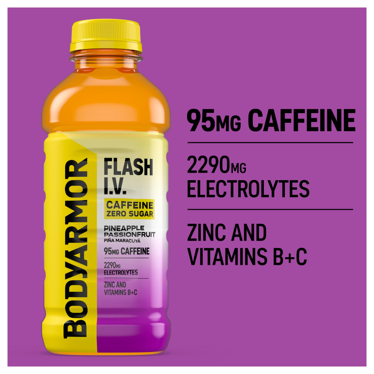 BODYARMOR Flash I.V. Zero Sugar + Caffeine — Pineapple Passionfruit Hydration Drink, 20 Fl Oz (Pack of 12)