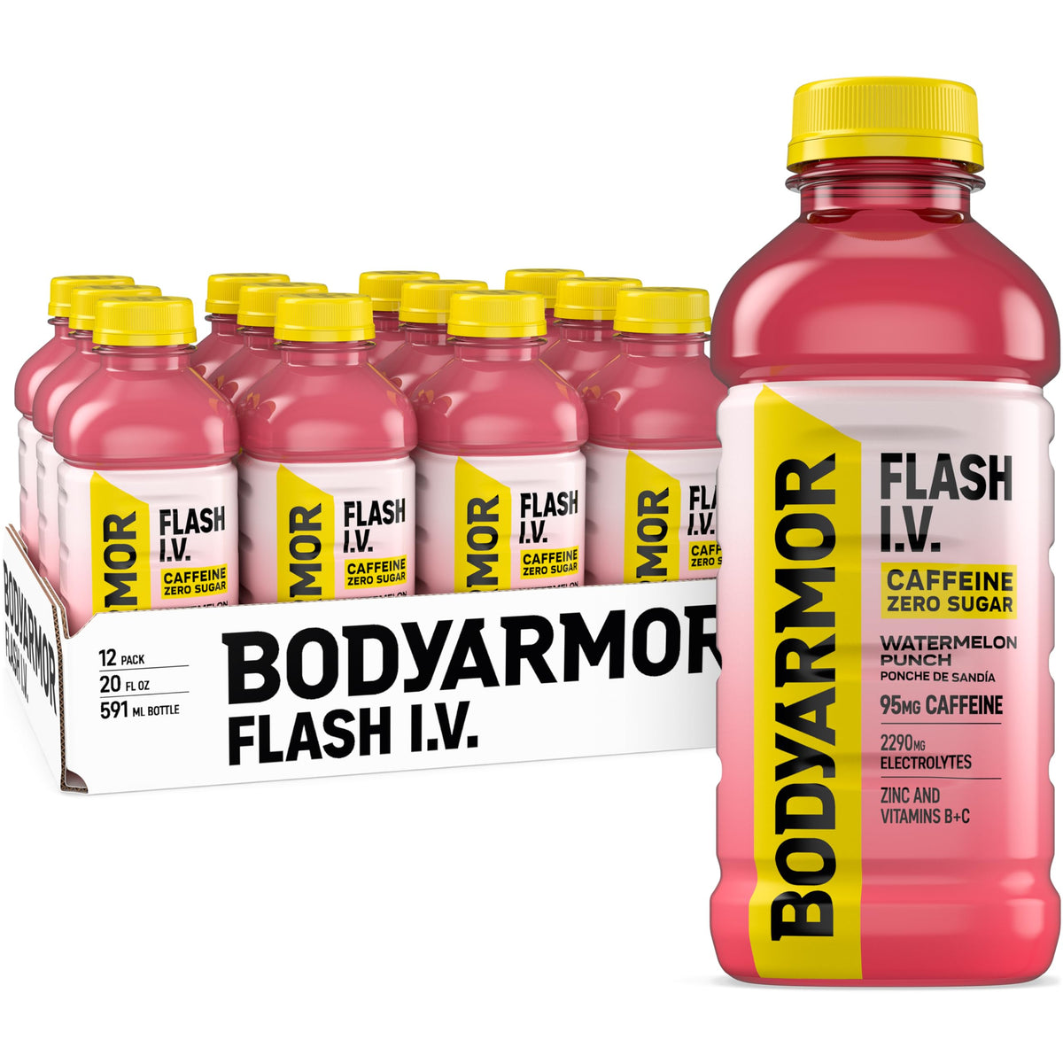 BODYARMOR Flash I.V. Zero Sugar + Caffeine — Watermelon Punch Electrolyte Beverage, 20 fl oz (Pack of 12)