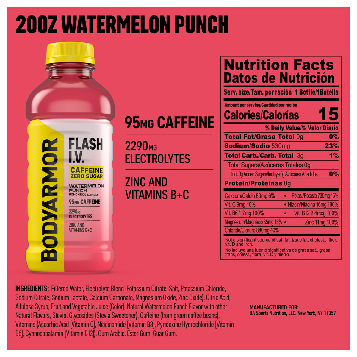 BODYARMOR Flash I.V. Zero Sugar + Caffeine — Watermelon Punch Electrolyte Beverage, 20 fl oz (Pack of 12)