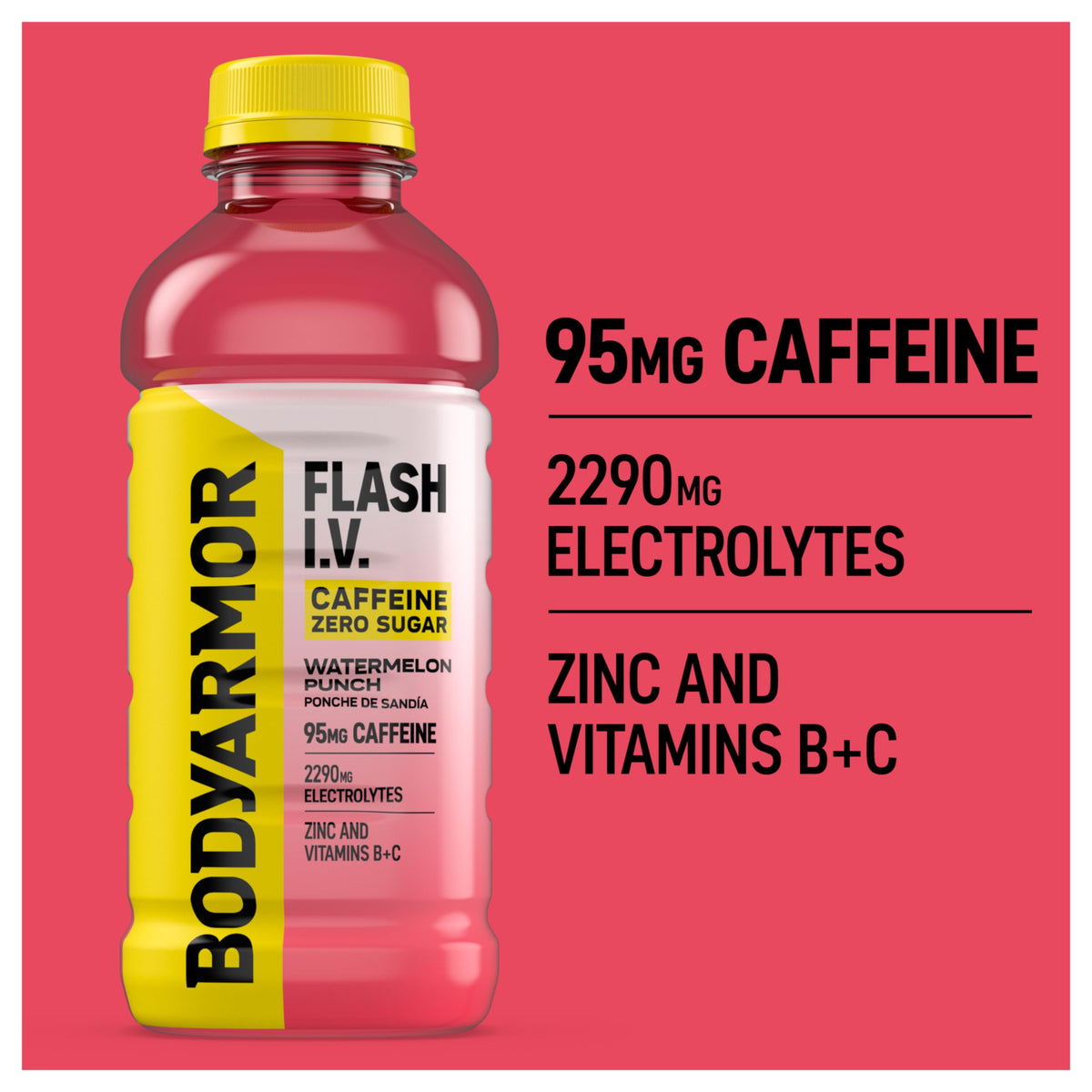 BODYARMOR Flash I.V. Zero Sugar + Caffeine — Watermelon Punch Electrolyte Beverage, 20 fl oz (Pack of 12)