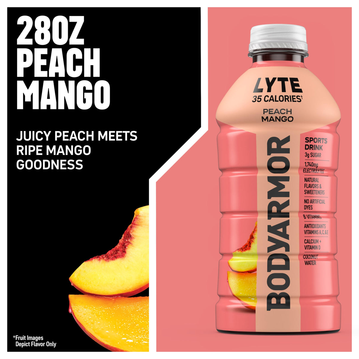 BODYARMOR Lyte Peach Mango Electrolyte Drink – 28oz Bottle, 15 Pack
