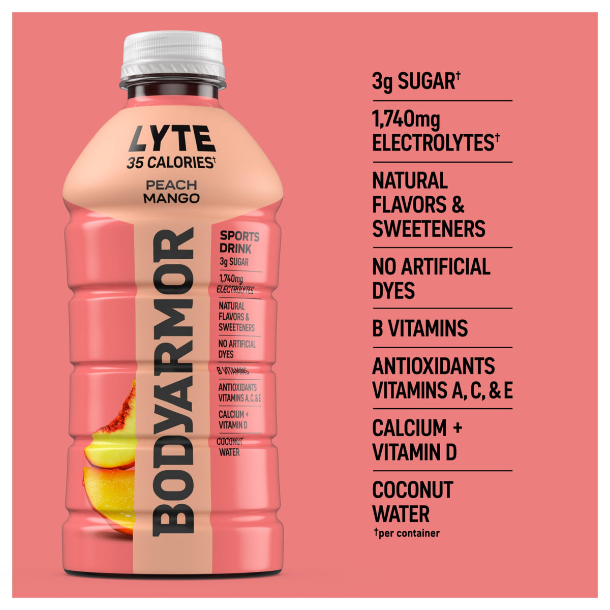 BODYARMOR Lyte Peach Mango Electrolyte Drink – 28oz Bottle, 15 Pack