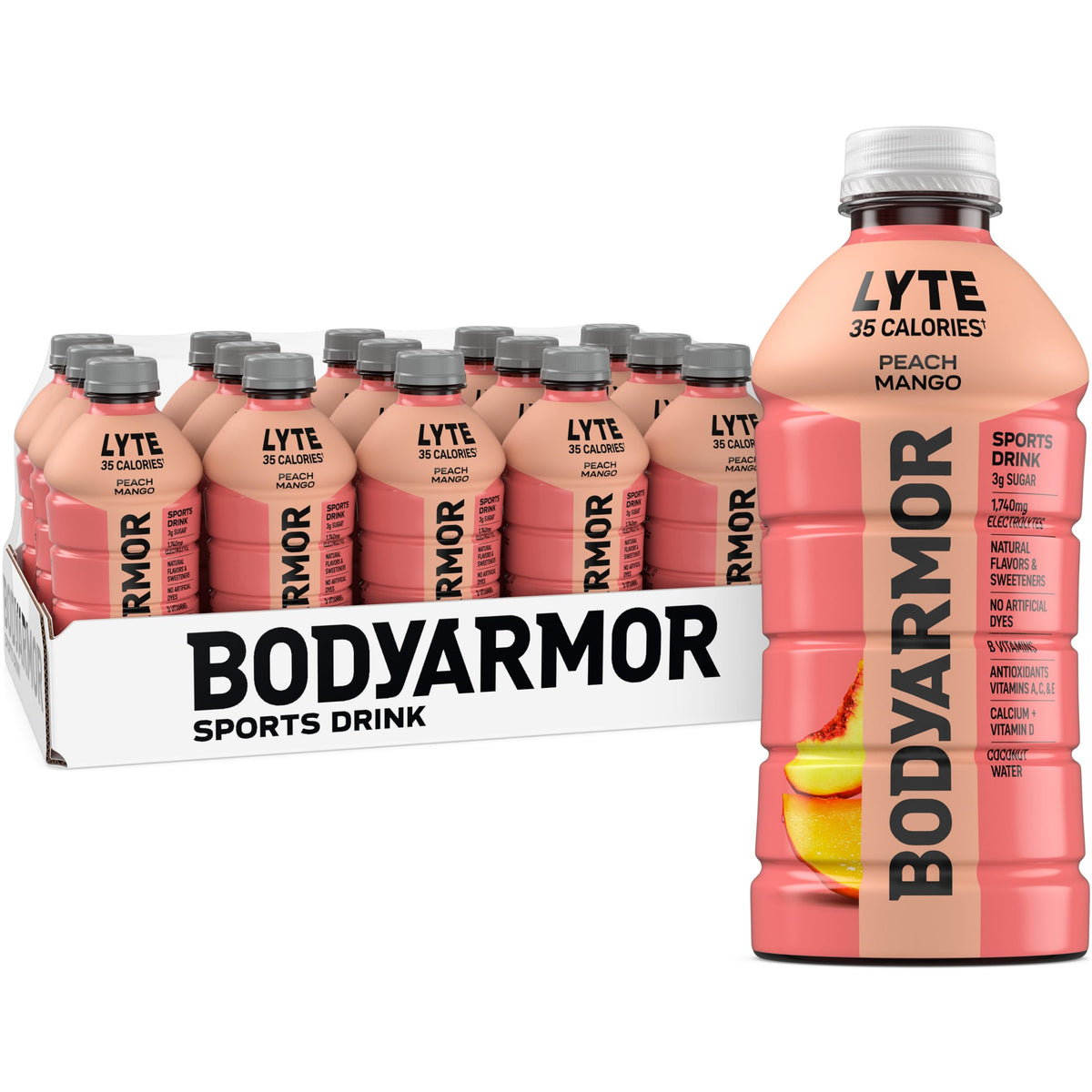 BODYARMOR Lyte Peach Mango Electrolyte Drink – 28oz Bottle, 15 Pack