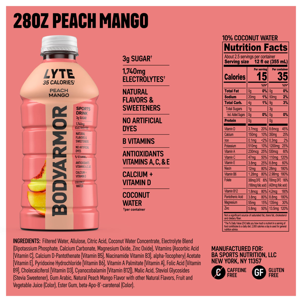BODYARMOR Lyte Peach Mango Electrolyte Drink – 28oz Bottle, 15 Pack