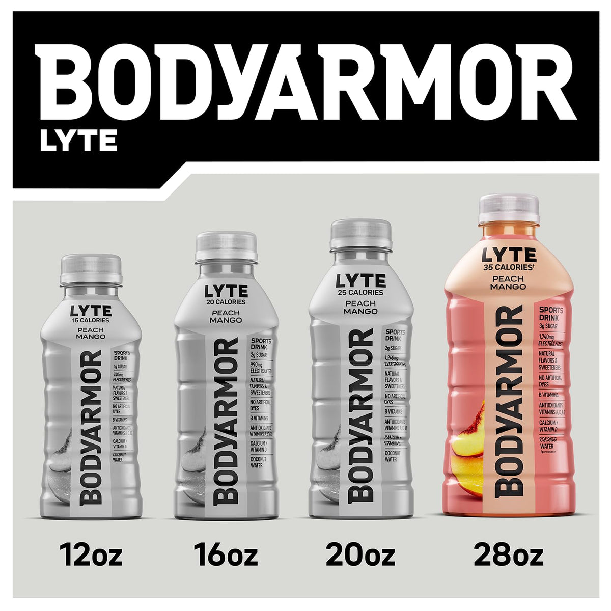 BODYARMOR Lyte Peach Mango Electrolyte Drink – 28oz Bottle, 15 Pack