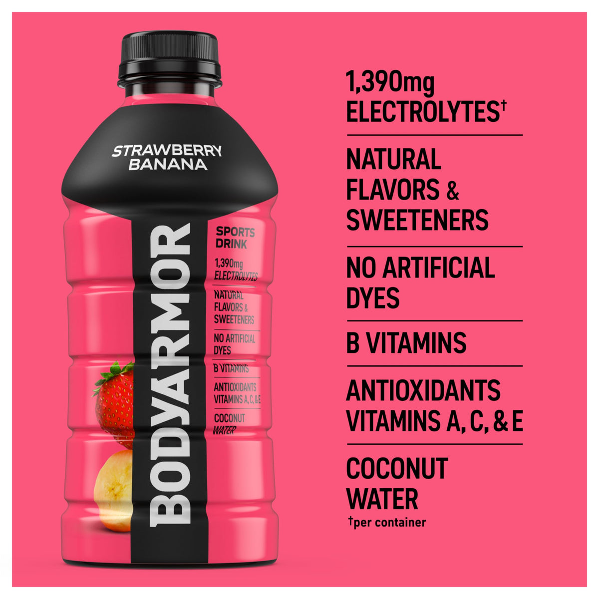 BODYARMOR Strawberry Banana Sports Drink — Coconut Water Hydration (28oz, 15 Pack)