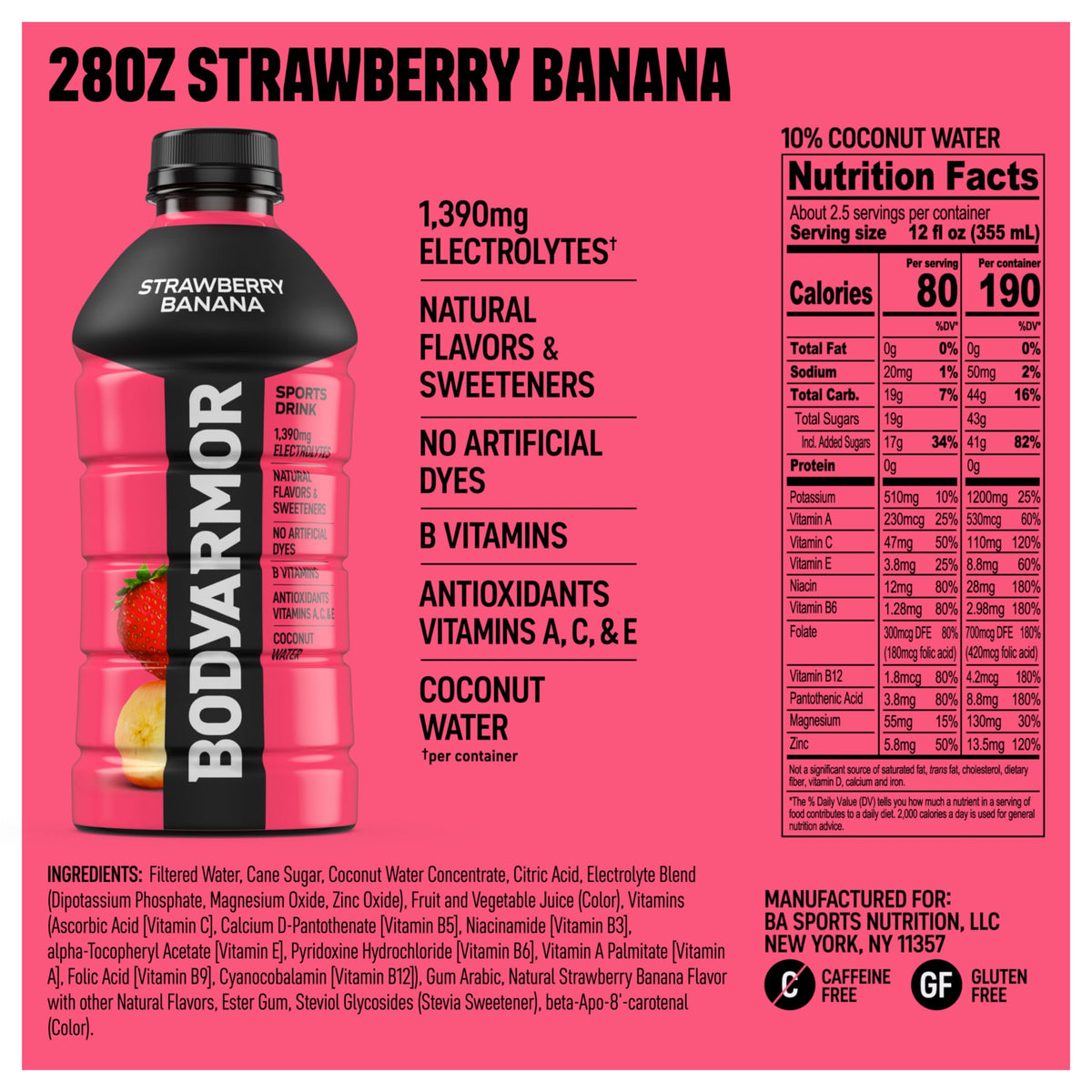 BODYARMOR Strawberry Banana Sports Drink — Coconut Water Hydration (28oz, 15 Pack)