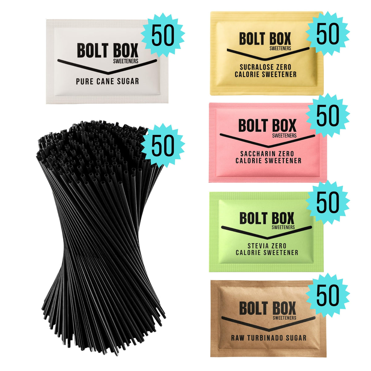 Bolt Box Sugar & Sweetener Packets — Assorted Variety (300 Count)