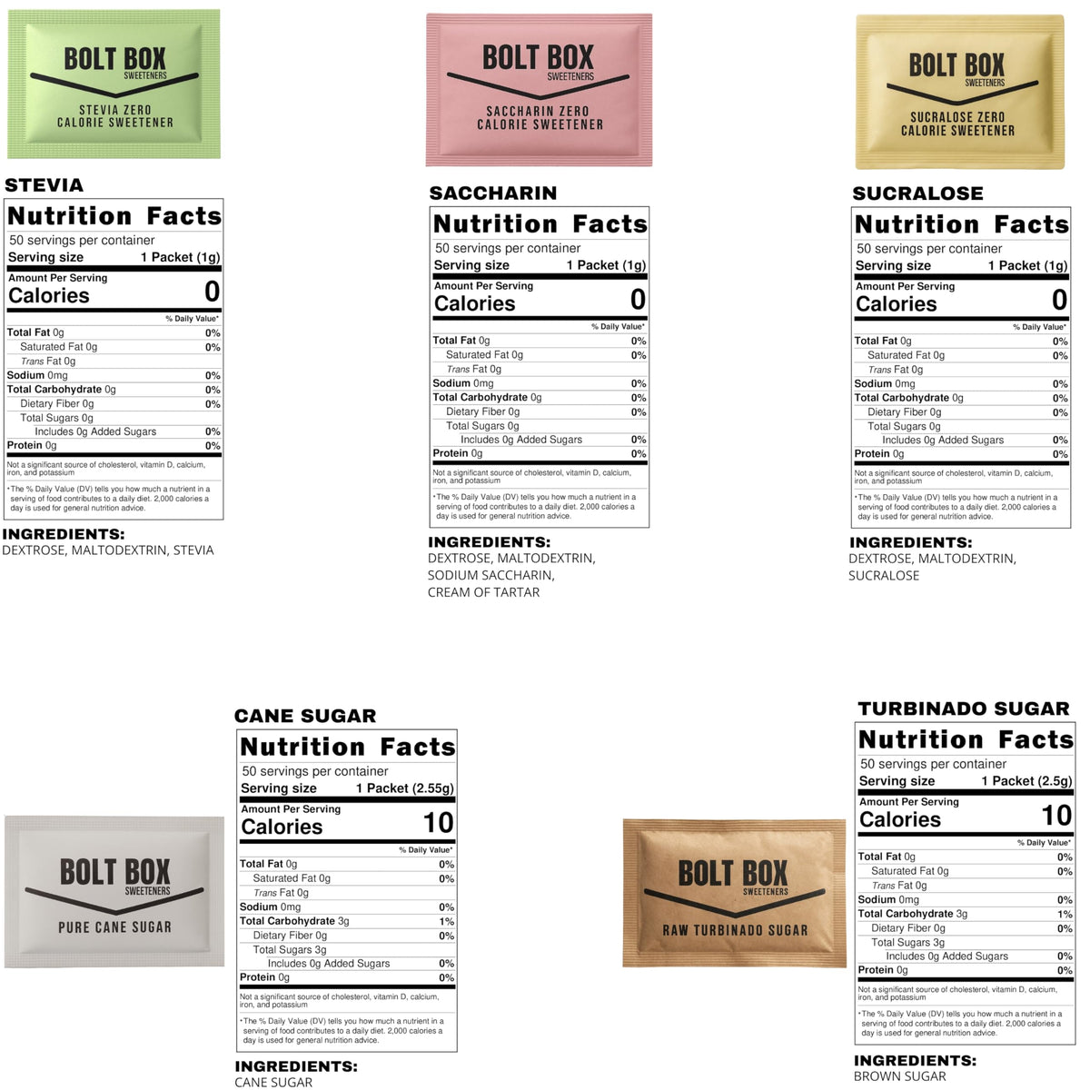 Bolt Box Sugar & Sweetener Packets — Assorted Variety (300 Count)