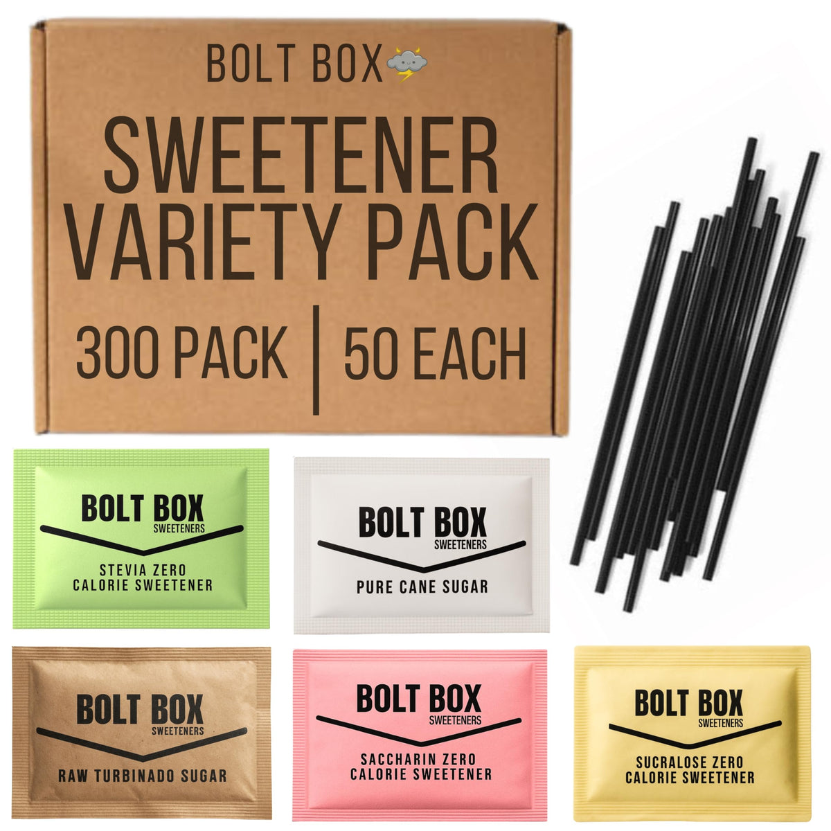 Bolt Box Sugar & Sweetener Packets — Assorted Variety (300 Count)