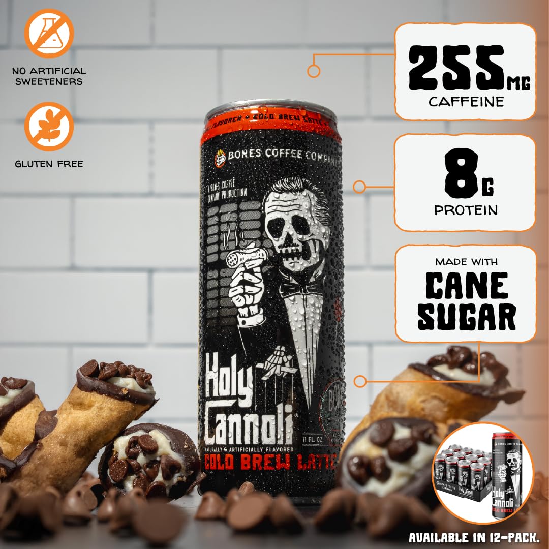 Bones Coffee Company Holy Cannoli Latte Can – Cannoli-Flavored Cold Brew, 11 oz (12 Pack)