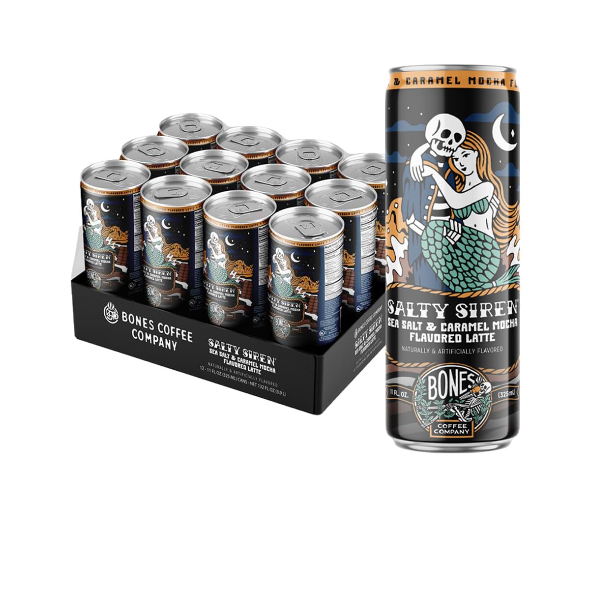 Bones Coffee Salty Siren Latte – Medium Roast Ready-to-Drink Iced Coffee Cans (11 oz, 12 Pack)