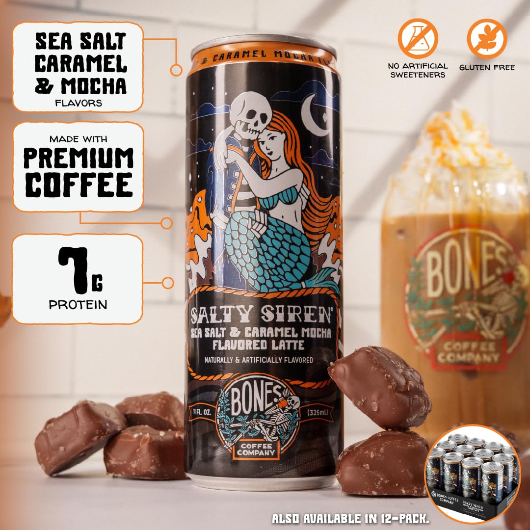 Bones Coffee Salty Siren Latte – Medium Roast Ready-to-Drink Iced Coffee Cans (11 oz, 12 Pack)