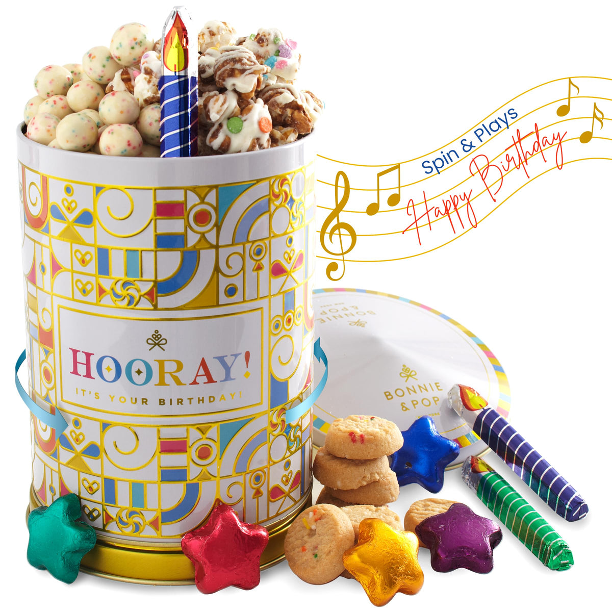 BONNIE AND POP Birthday Gift Tin – Cookies, Sweets & Cake Treats That Spin and Play Music