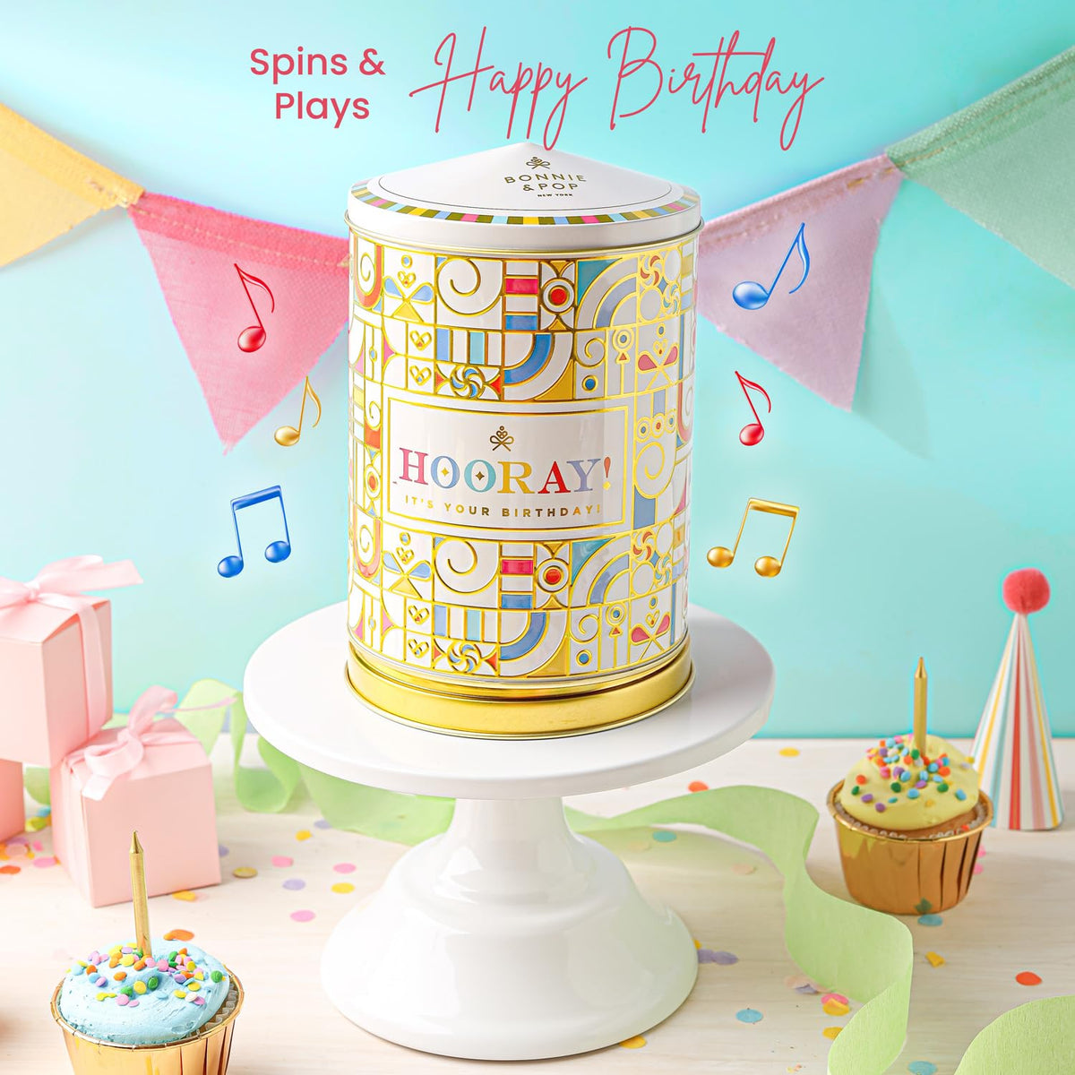 BONNIE AND POP Birthday Gift Tin – Cookies, Sweets & Cake Treats That Spin and Play Music