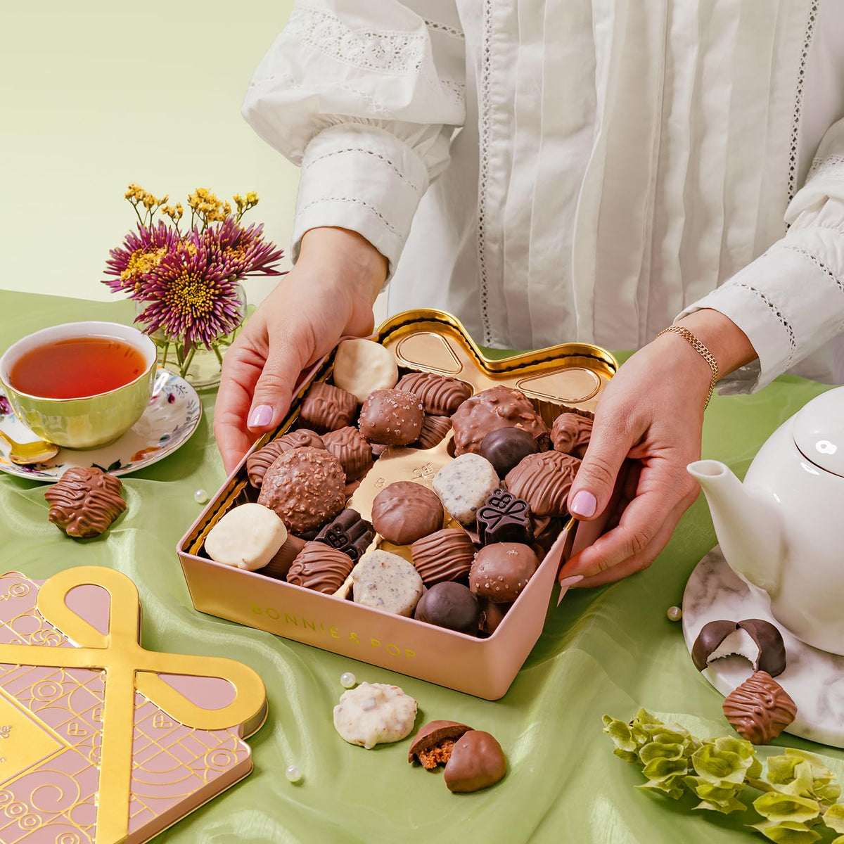 BONNIE AND POP Mothers Day Chocolate Gift Basket – Pink Gift Tin with Belgian Truffles