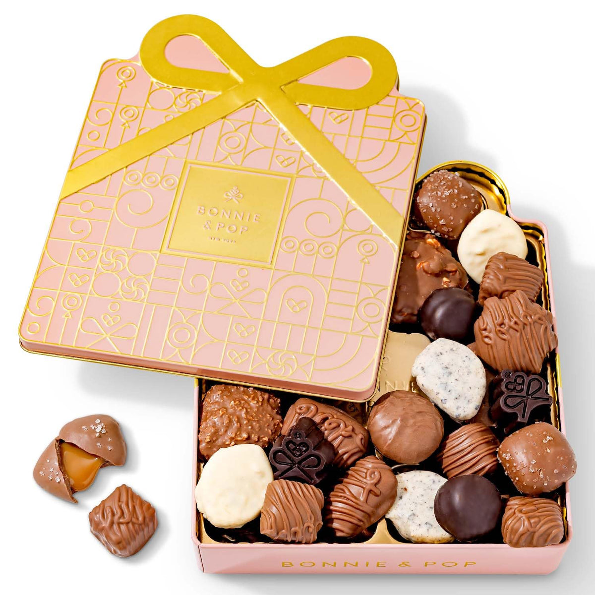 BONNIE AND POP Mothers Day Chocolate Gift Basket – Pink Gift Tin with Belgian Truffles