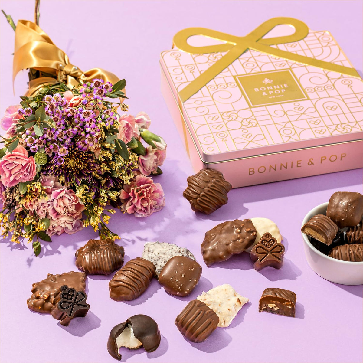 BONNIE AND POP Mothers Day Chocolate Gift Basket – Pink Gift Tin with Belgian Truffles