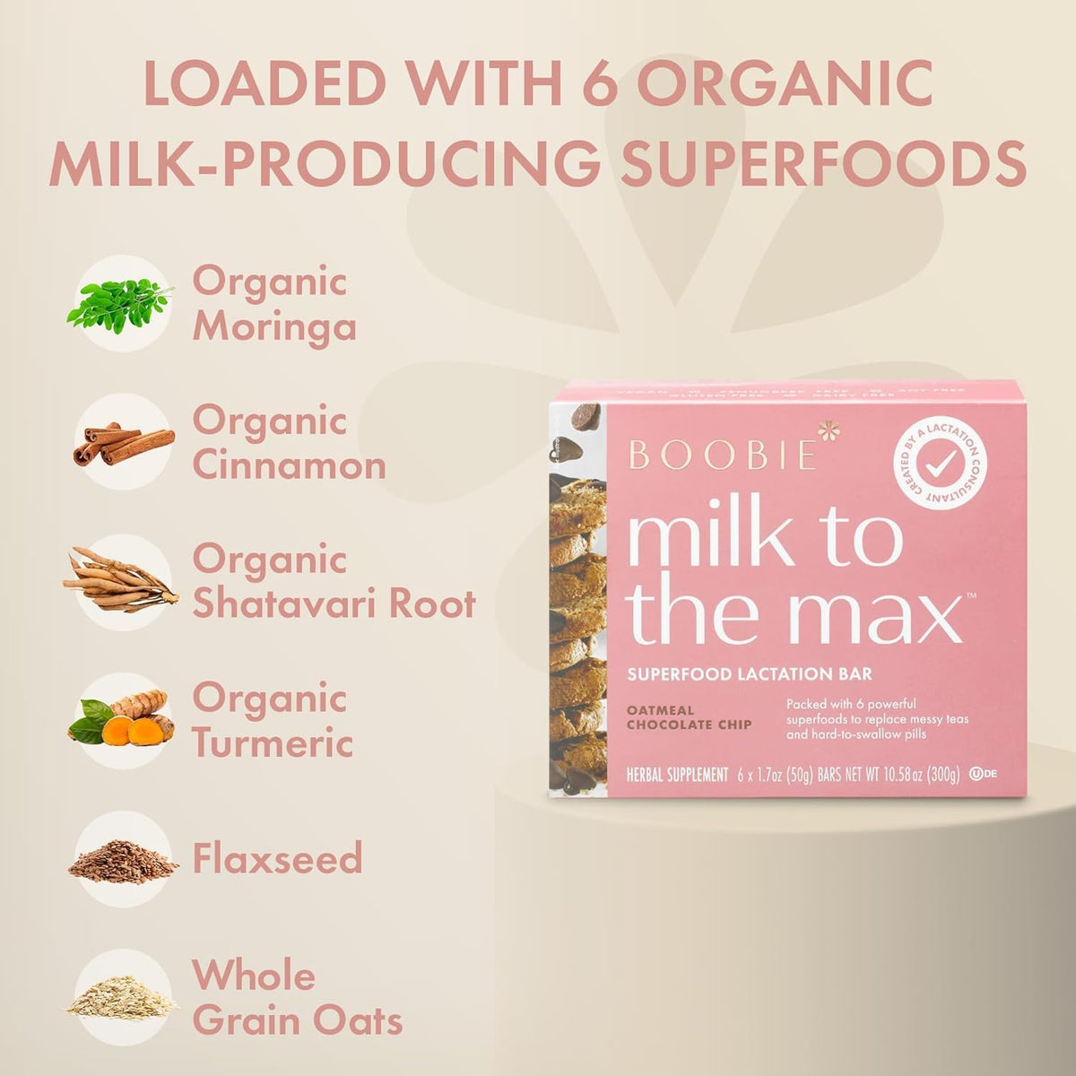 Boobie Superfood Oatmeal Chocolate Chip Lactation Bar — Milk Support for Breastfeeding Moms | Fenugreek-Free, Vegan, Gluten-Free, Dairy-Free | 12 Bars