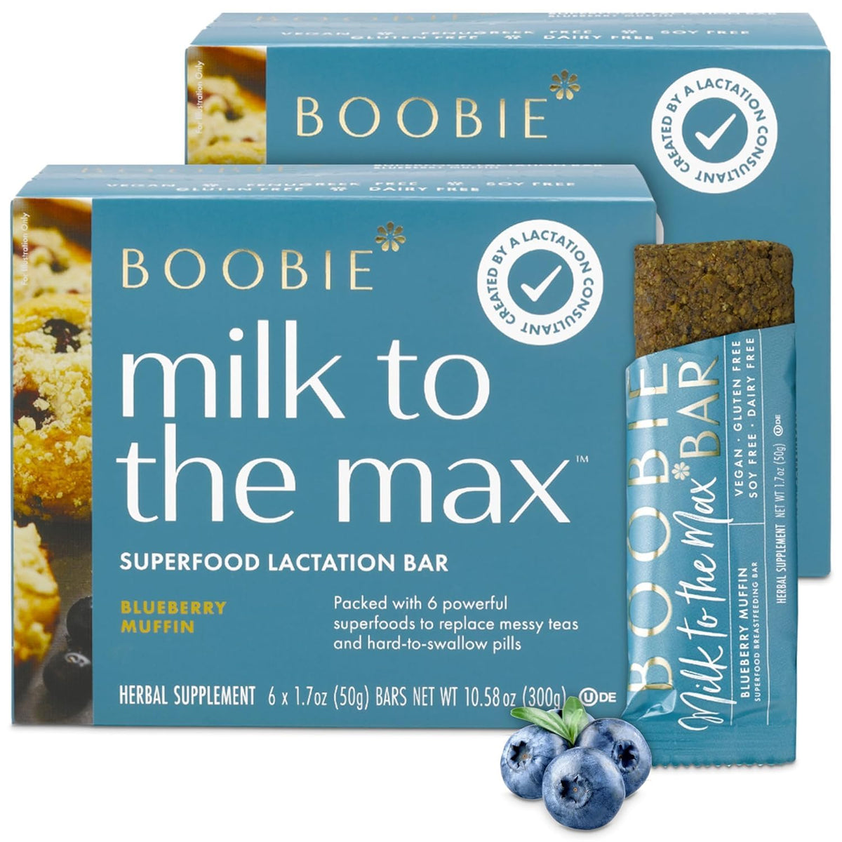 Boobie Bar Superfood Blueberry Muffin Lactation Bar – Vegan, Gluten-Free, Dairy-Free | Boobie Brands | 12 Bars