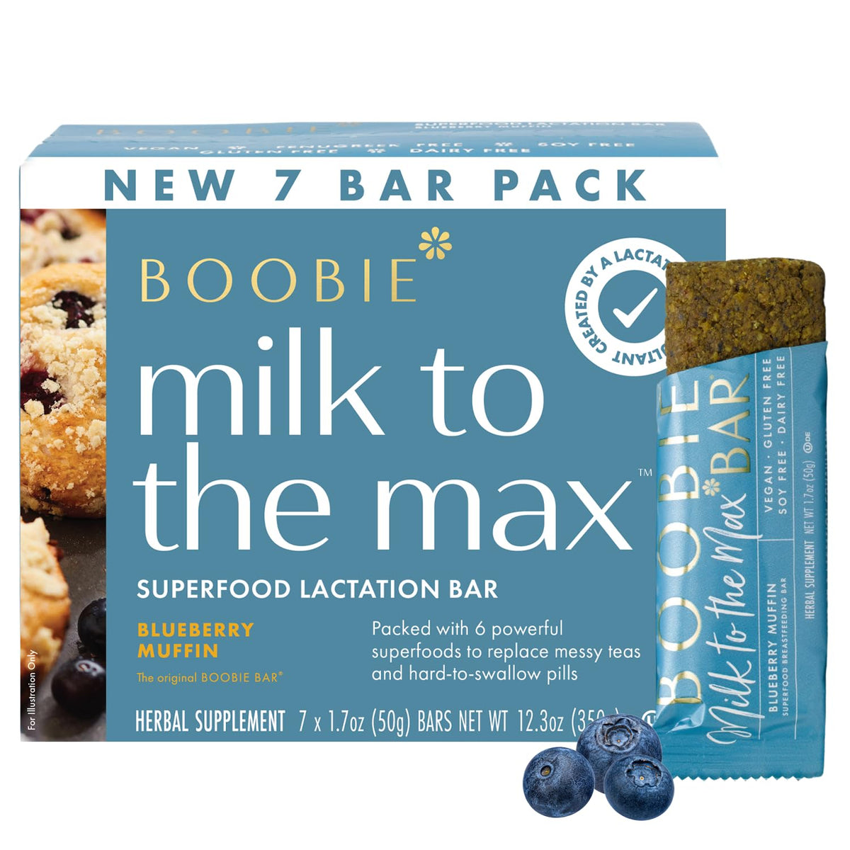 Boobie Bar Superfood Blueberry Muffin Lactation Bar – Vegan, Gluten-Free, Dairy-Free, Fenugreek-Free | 7 Bars