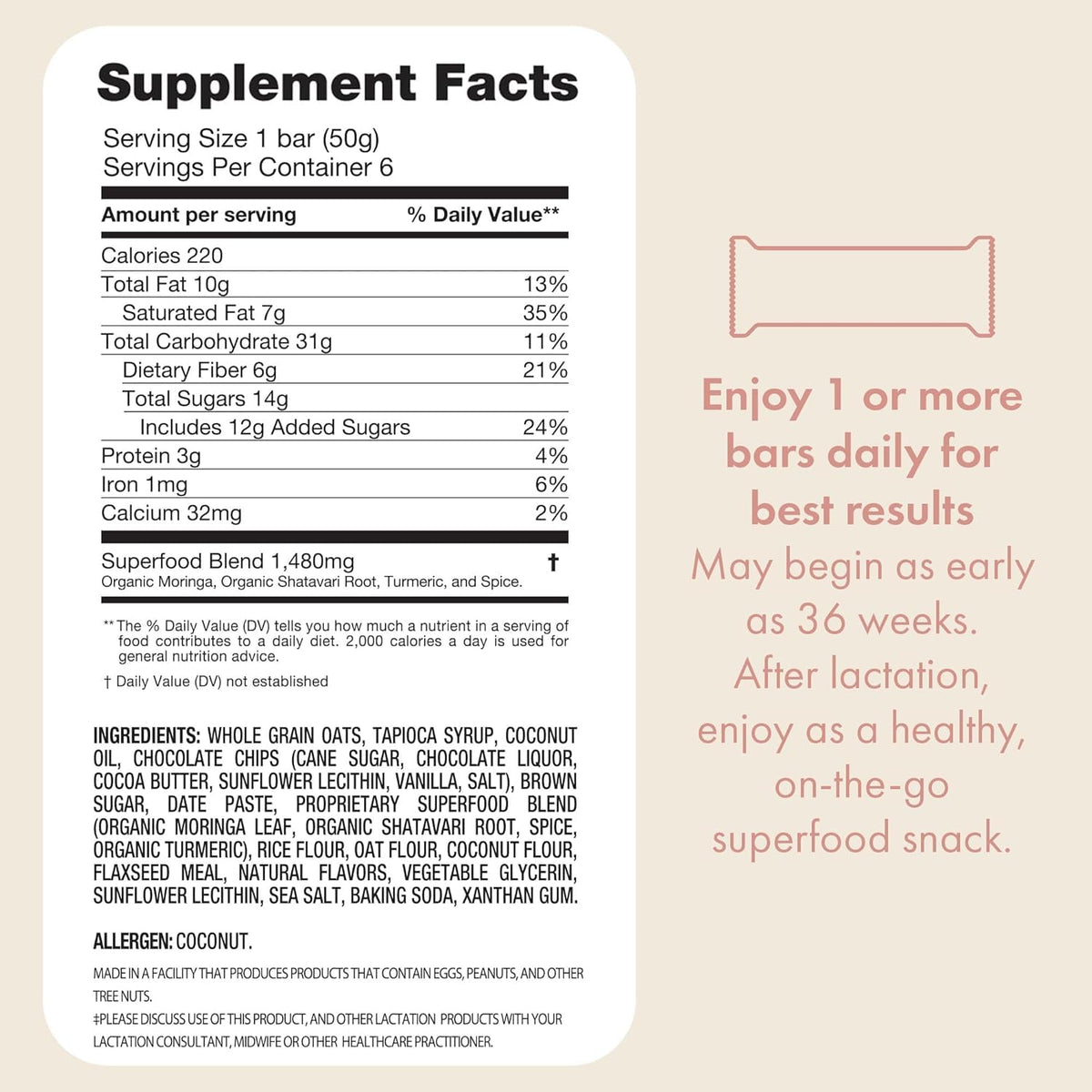 Boobie Superfood Oatmeal Chocolate Chip Lactation Bar — Milk Support for Breastfeeding Moms | Fenugreek-Free, Vegan, Gluten-Free, Dairy-Free | 12 Bars