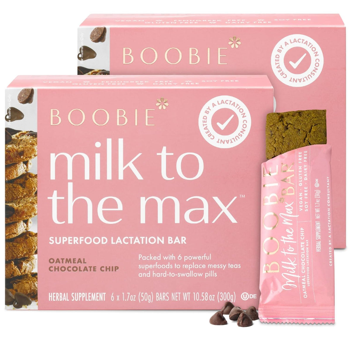 Boobie Superfood Oatmeal Chocolate Chip Lactation Bar — Milk Support for Breastfeeding Moms | Fenugreek-Free, Vegan, Gluten-Free, Dairy-Free | 12 Bars