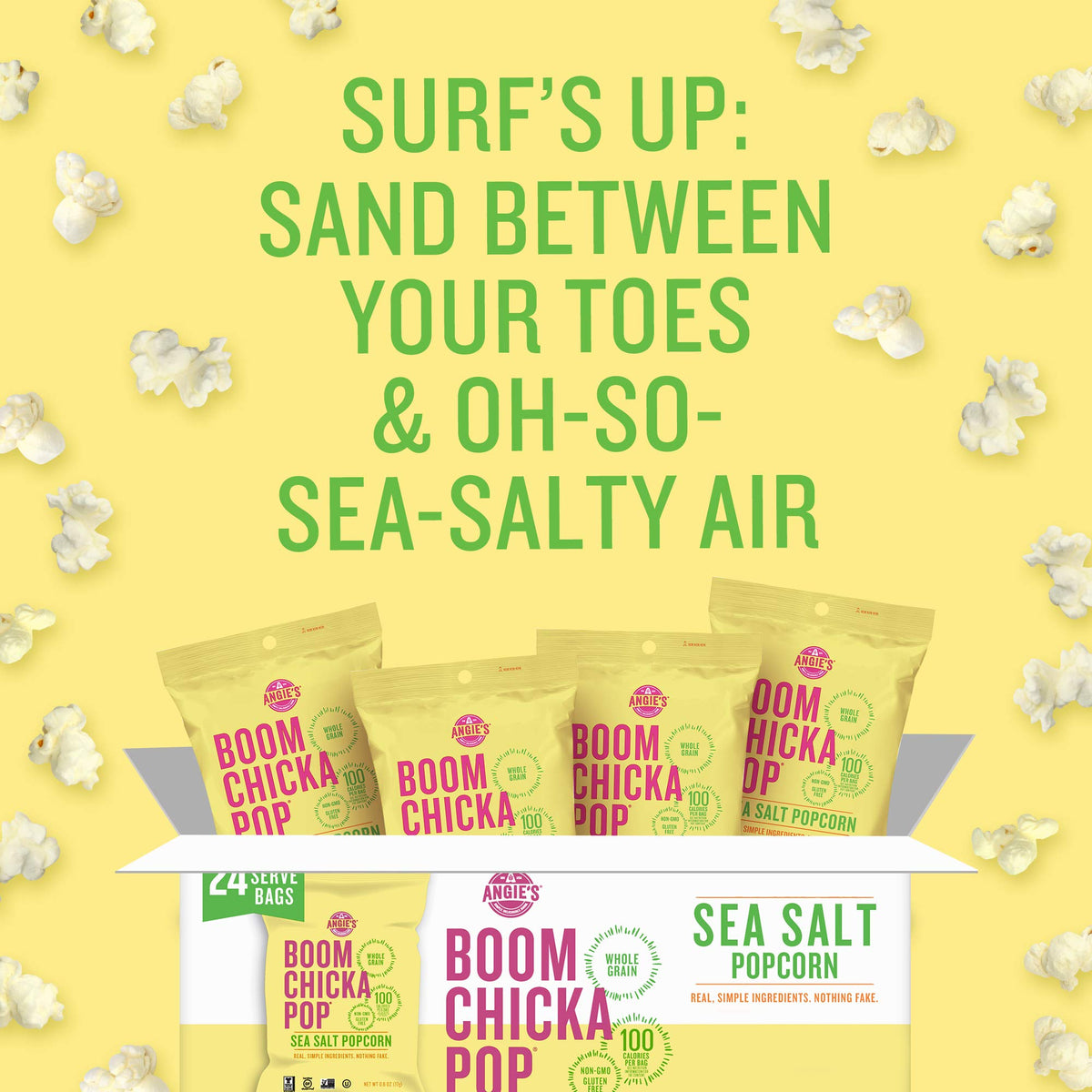 Angie's BOOMCHICKAPOP Sea Salt Popcorn — 0.6 oz Bags (Pack of 24) | Gluten-Free, Non-GMO