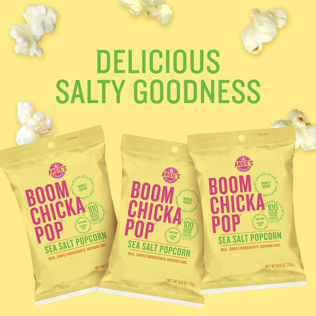Angie's BOOMCHICKAPOP Sea Salt Popcorn — 0.6 oz Bags (Pack of 24) | Gluten-Free, Non-GMO