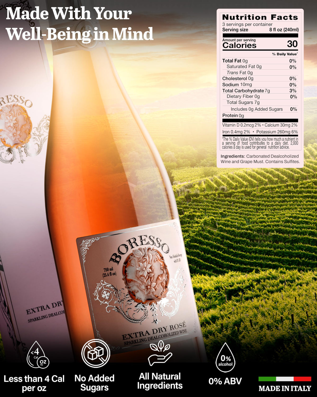 Boresso Extra Dry 0.0% ABV Non-Alcoholic Sparkling Rosé Wine – Gift Box 750ml