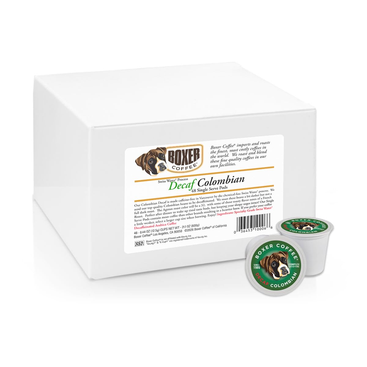 Boxer Coffee 48ct Decaf Colombian Pods – Swiss Water, Medium Roast for Keurig K-Cup Brewers