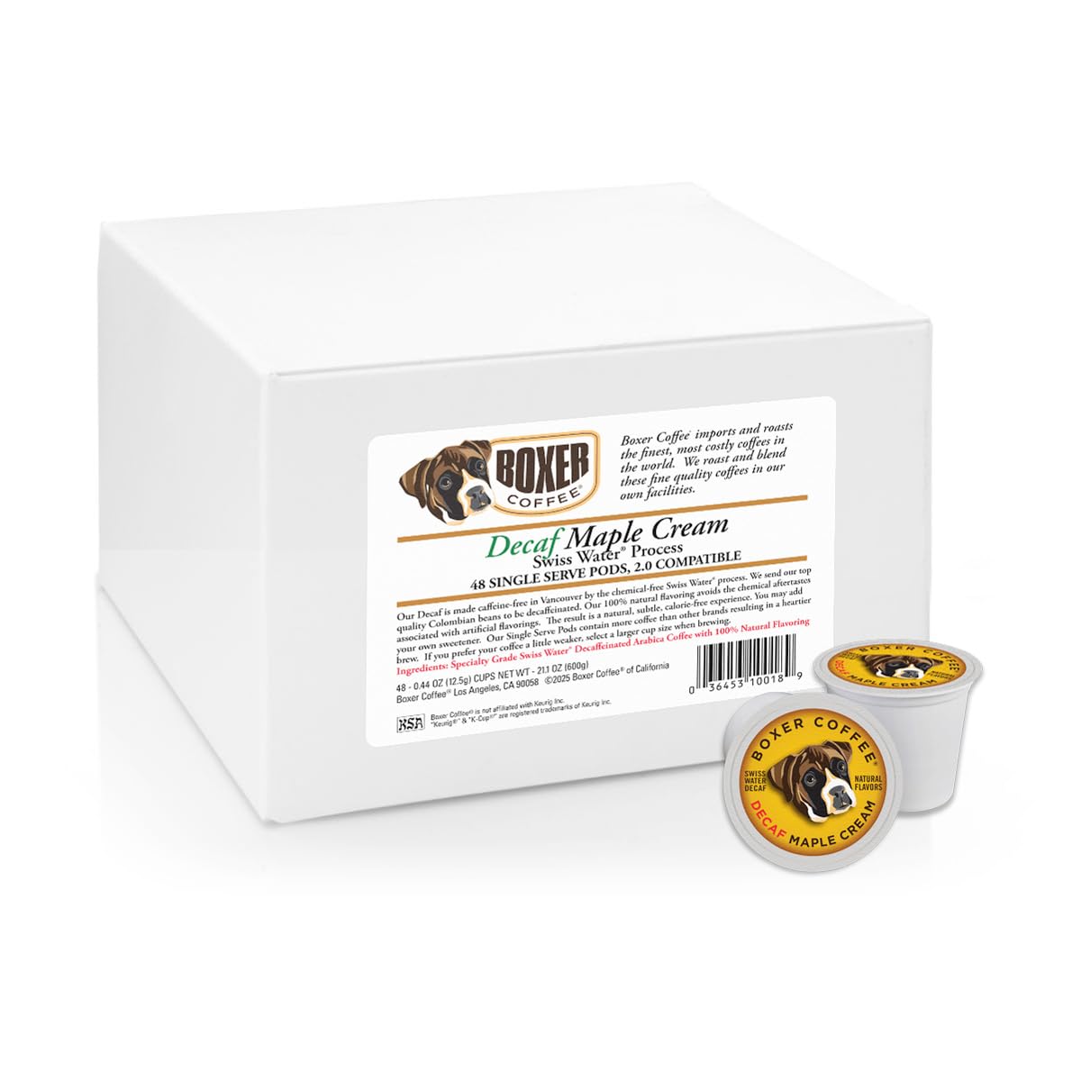 Boxer Coffee Maple Cream Swiss Water Decaf Pods | 48-Count Keurig K-Cup Compatible | Artisan Medium Roast
