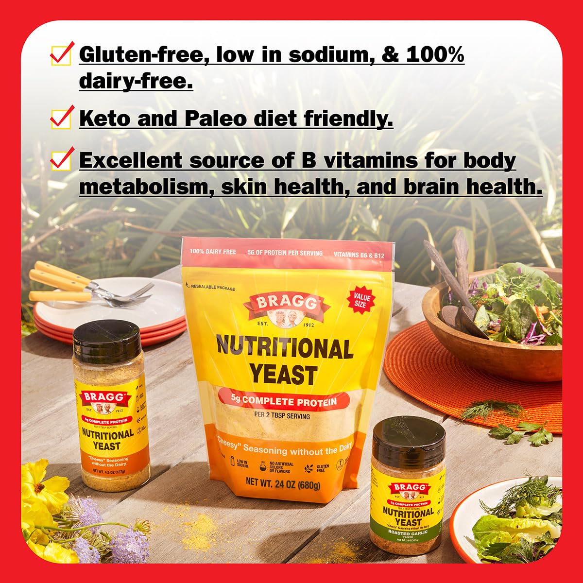 Bragg Premium Nutritional Yeast Seasoning – Vegan, Gluten Free, 5g Protein per Serving (24oz Original)