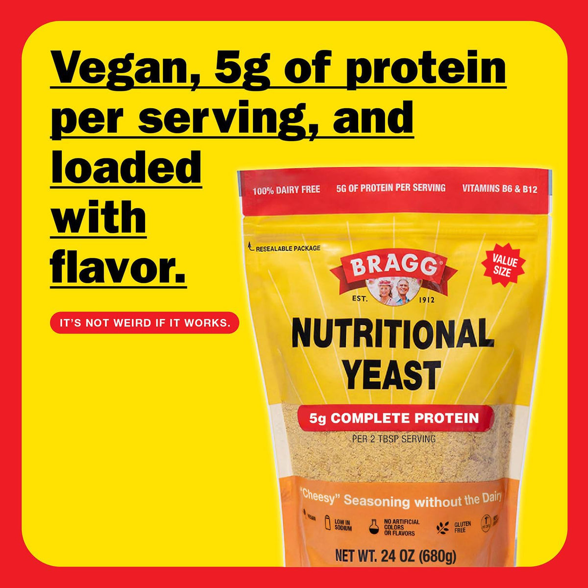 Bragg Premium Nutritional Yeast Seasoning – Vegan, Gluten Free, 5g Protein per Serving (24oz Original)